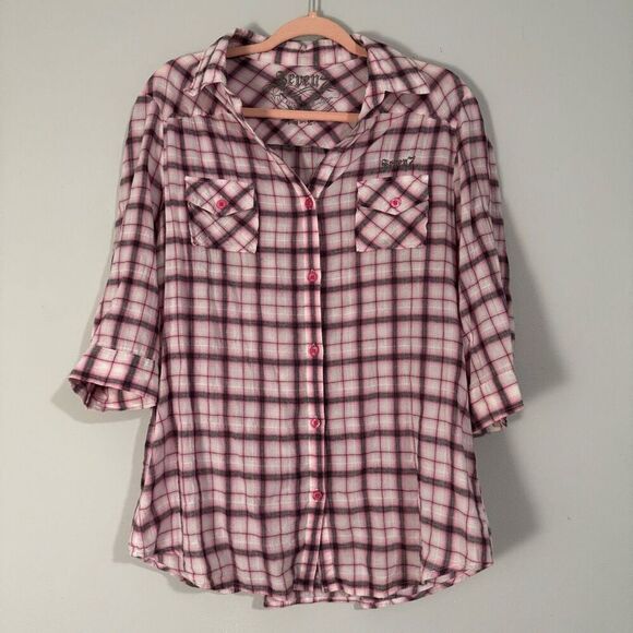 Seven7 Tops - Seven7 Jeans Hot Pink Plaid Double Button Down Half Sleeve Cotton Shirt L